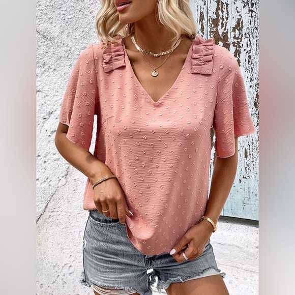 Tops - Swiss Dot Shoulder Detail V-Neck Blouse Peach